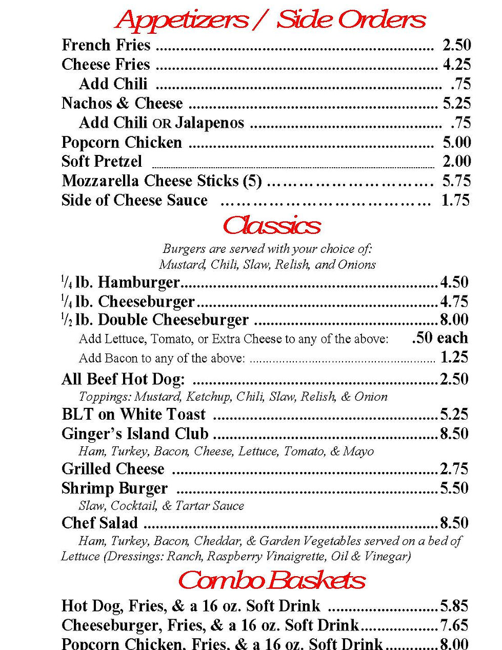 Gingers Cafe Menu Summer Winds